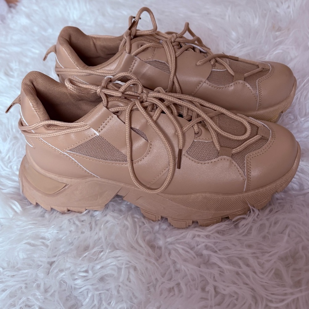 Tan Chunky Sneakers with Rugged Outsole and Deconstructed Design